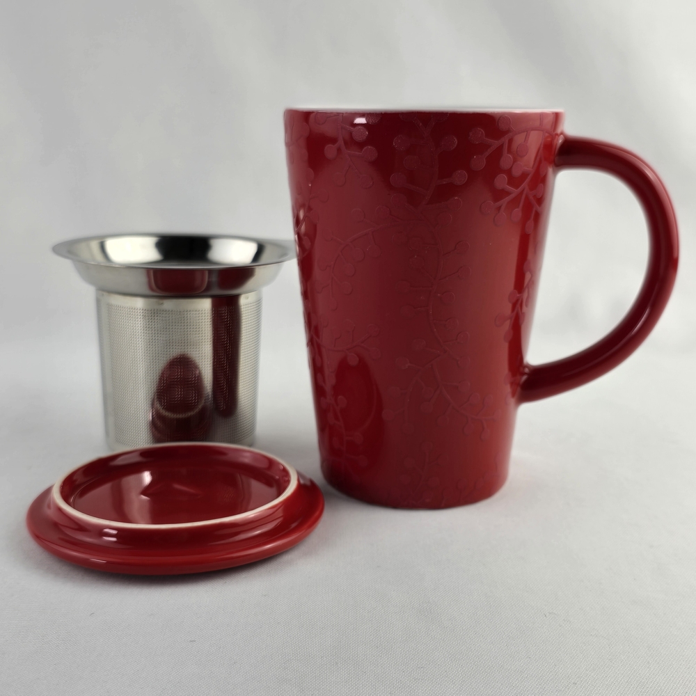 David's Tea Red Berry Ceramic Mug Stainless Steel Infuser Matching Topper